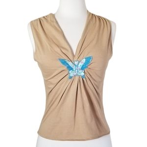 Guess Women's Tan Tank Top with Blue Sequin Butterfly